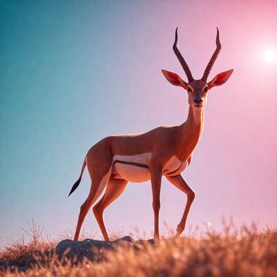 The primary subject of the image is a deer, which is standing in a grassy field. The setting is a sunny day, and the visual style appears to be a digital art or illustration. The deer is the main focus of the image, and its colors and mood are bright and cheerful.